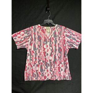 Cottonality Women’s M Scrub Top Uniform Polka Dots Circles Stripes Pink White